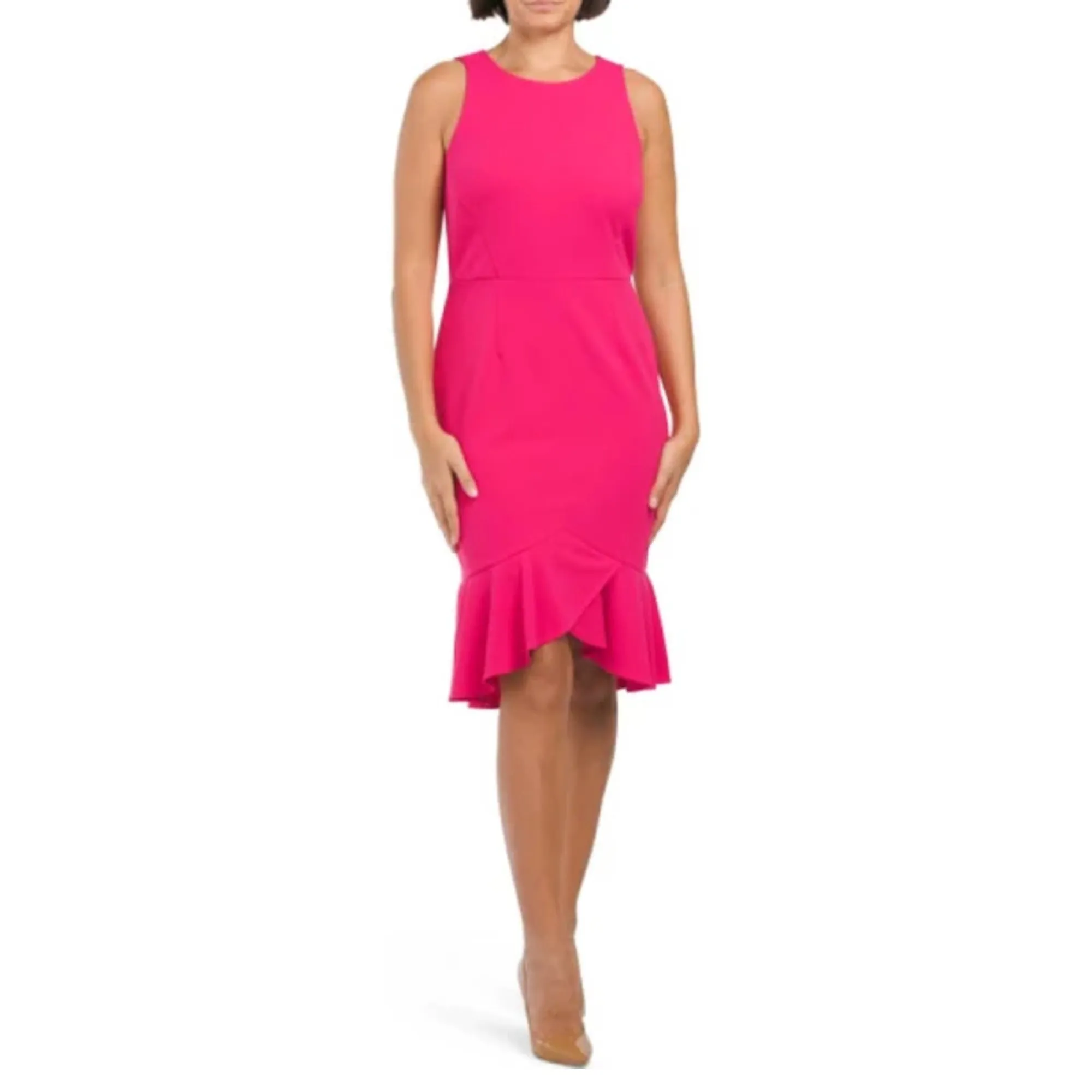 London Times Women's Ruffle Hi-low Hem Scuba Crepe Sleeveless Midi Dress