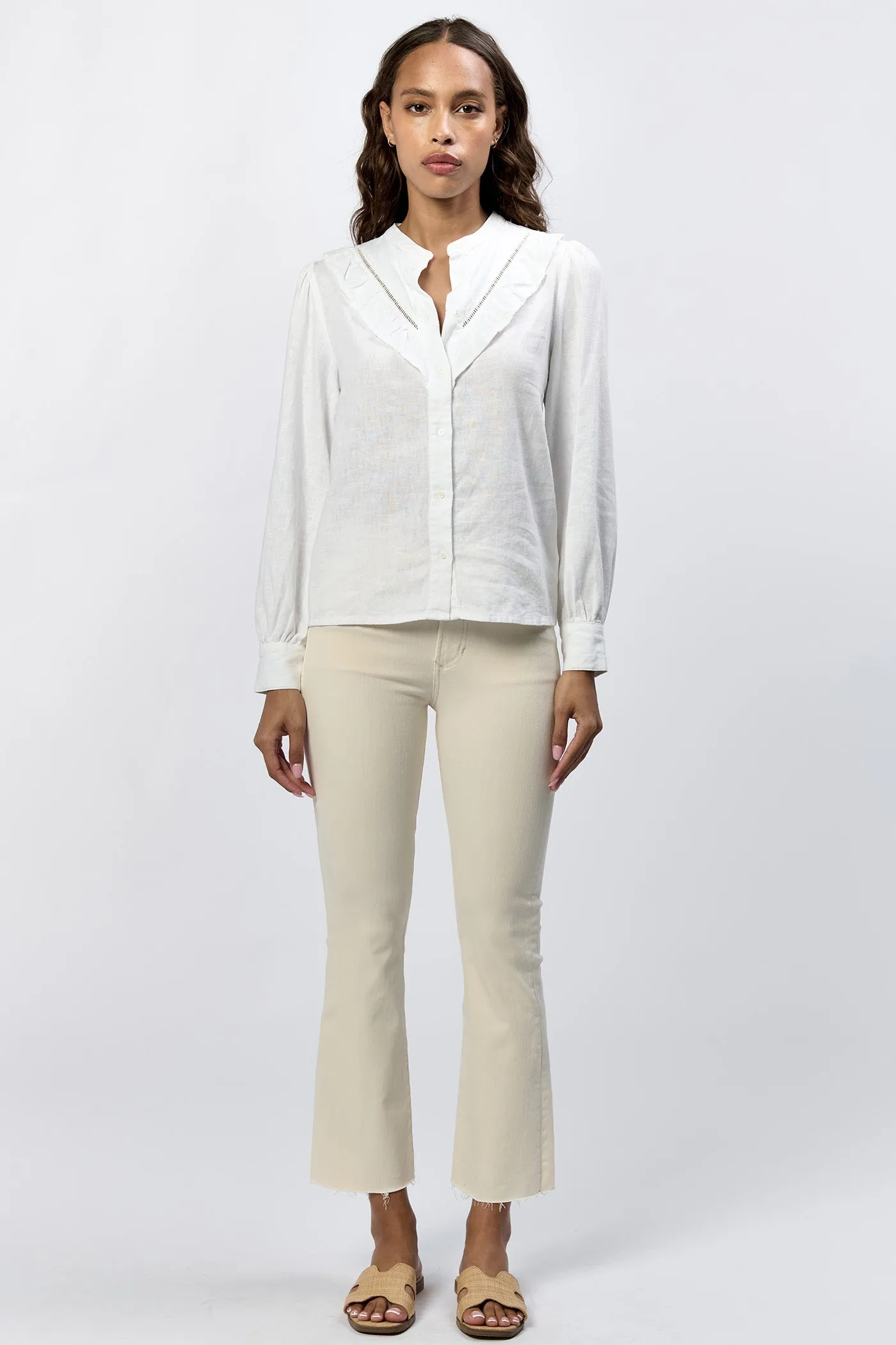 LONESTAR BUTTON UP LONG SLEEVE RUFFLE DETAIL TOP WHITE