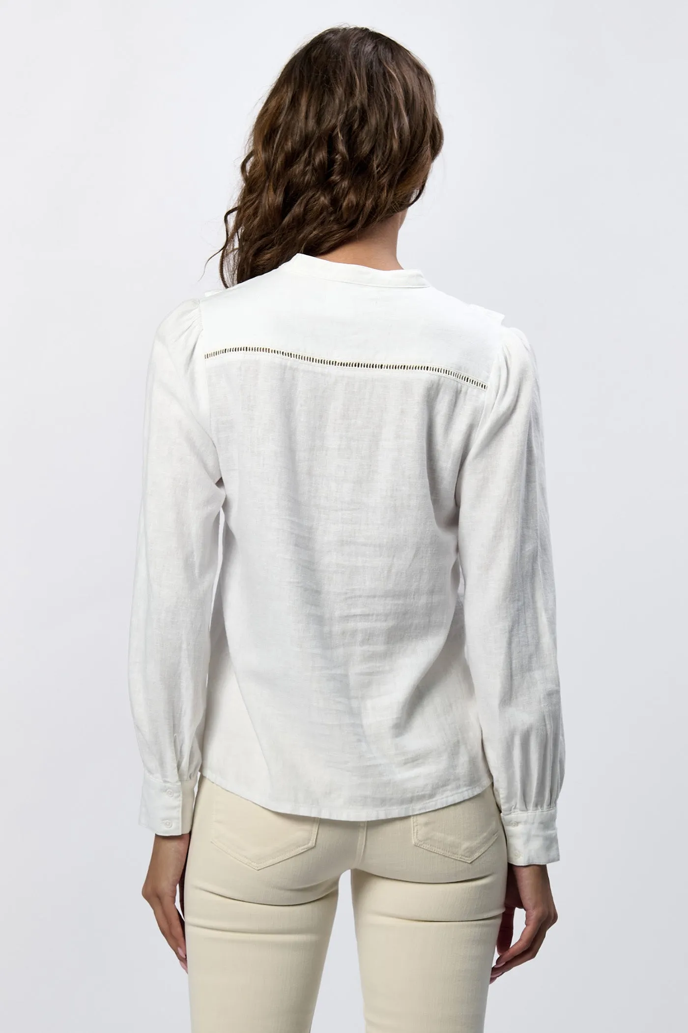 LONESTAR BUTTON UP LONG SLEEVE RUFFLE DETAIL TOP WHITE
