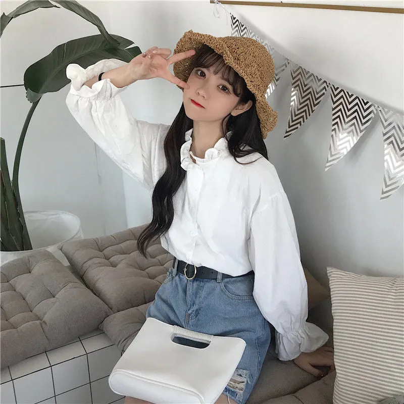 Long Sleeve Cute Ruffles Blouse Shirt