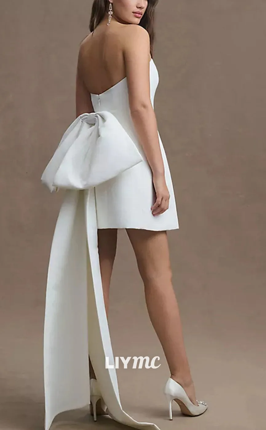 LW927 - Straight Across Sleeveless Sleek Satin Bowknots Pleated Short Beach Wedding Dress