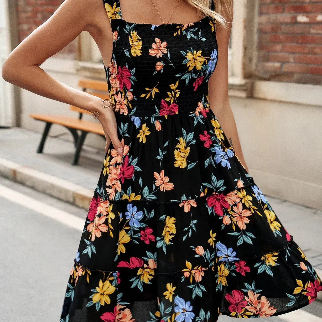 New Korean Version Retro Floral Print Sleeveless Dress