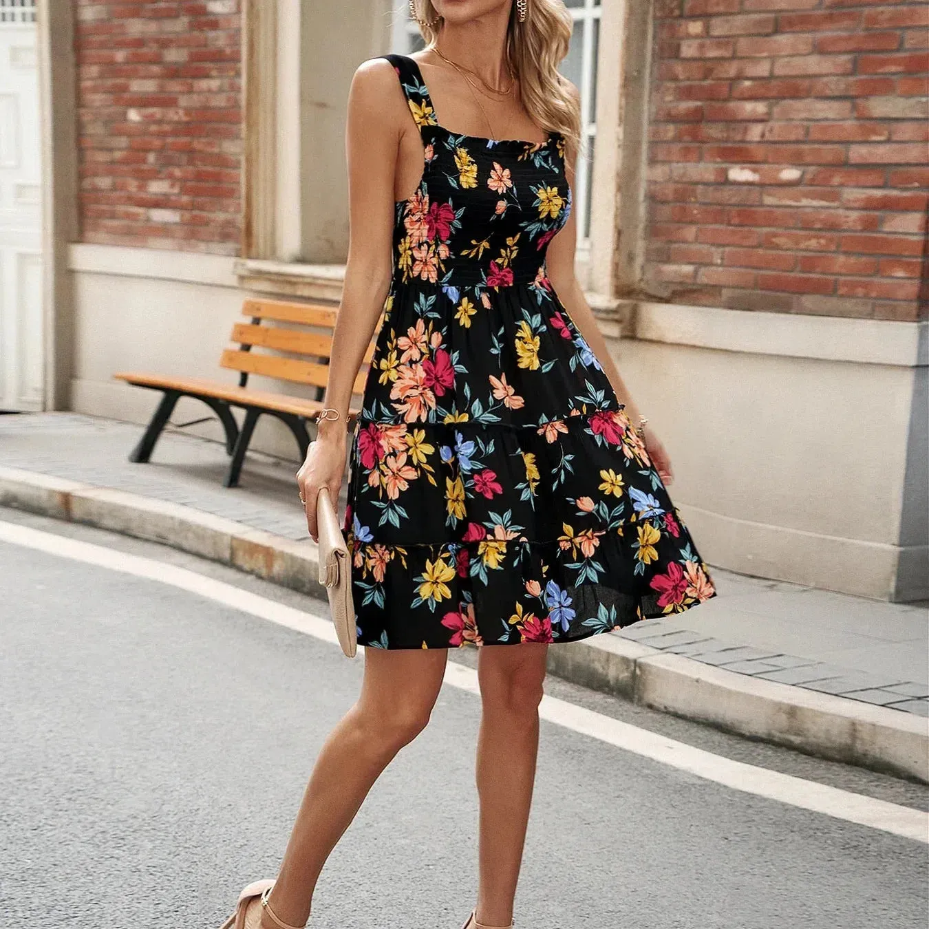 New Korean Version Retro Floral Print Sleeveless Dress