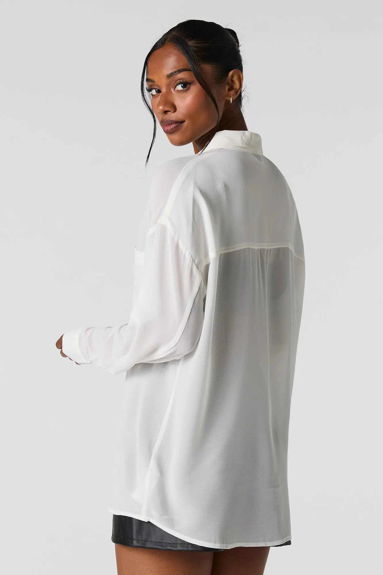 Oversized Chiffon Button-Up Top