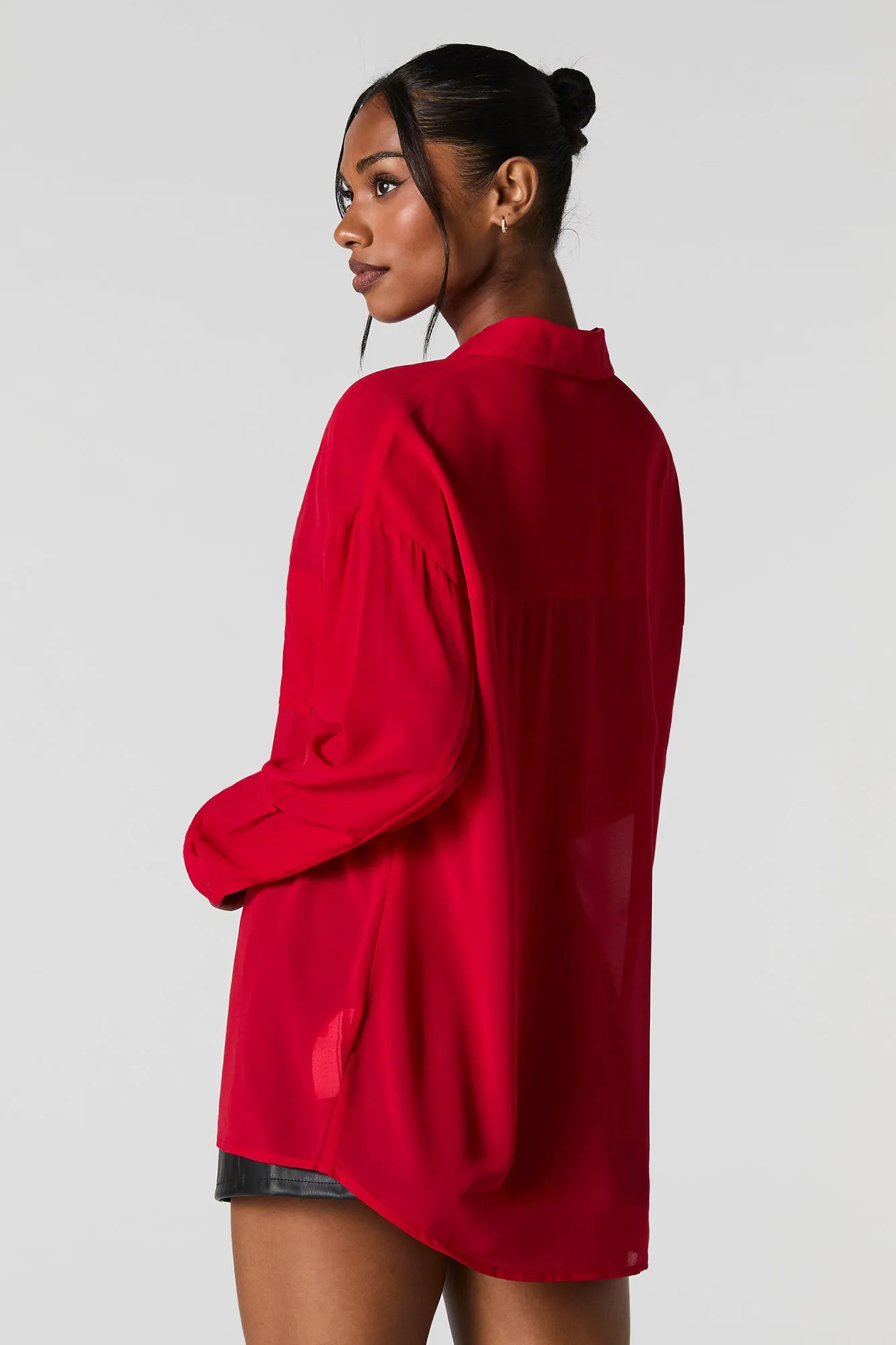 Oversized Chiffon Button-Up Top