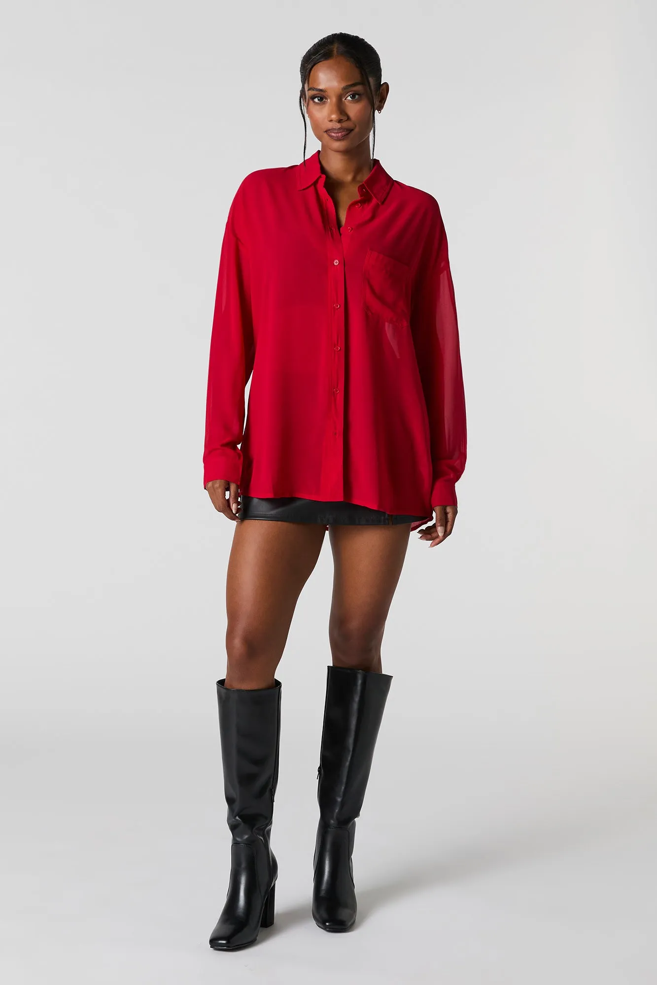 Oversized Chiffon Button-Up Top