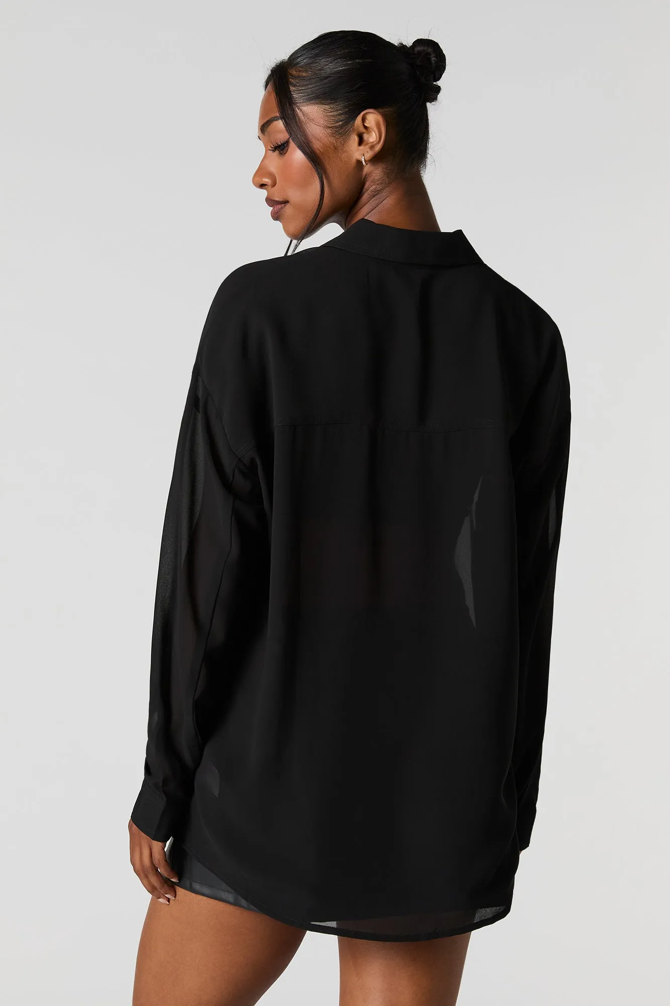 Oversized Chiffon Button-Up Top
