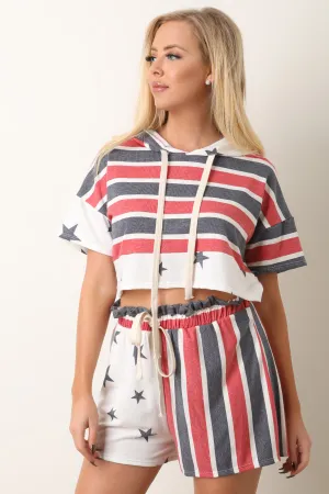 Patriot Hoodie Crop Top With Shorts Set