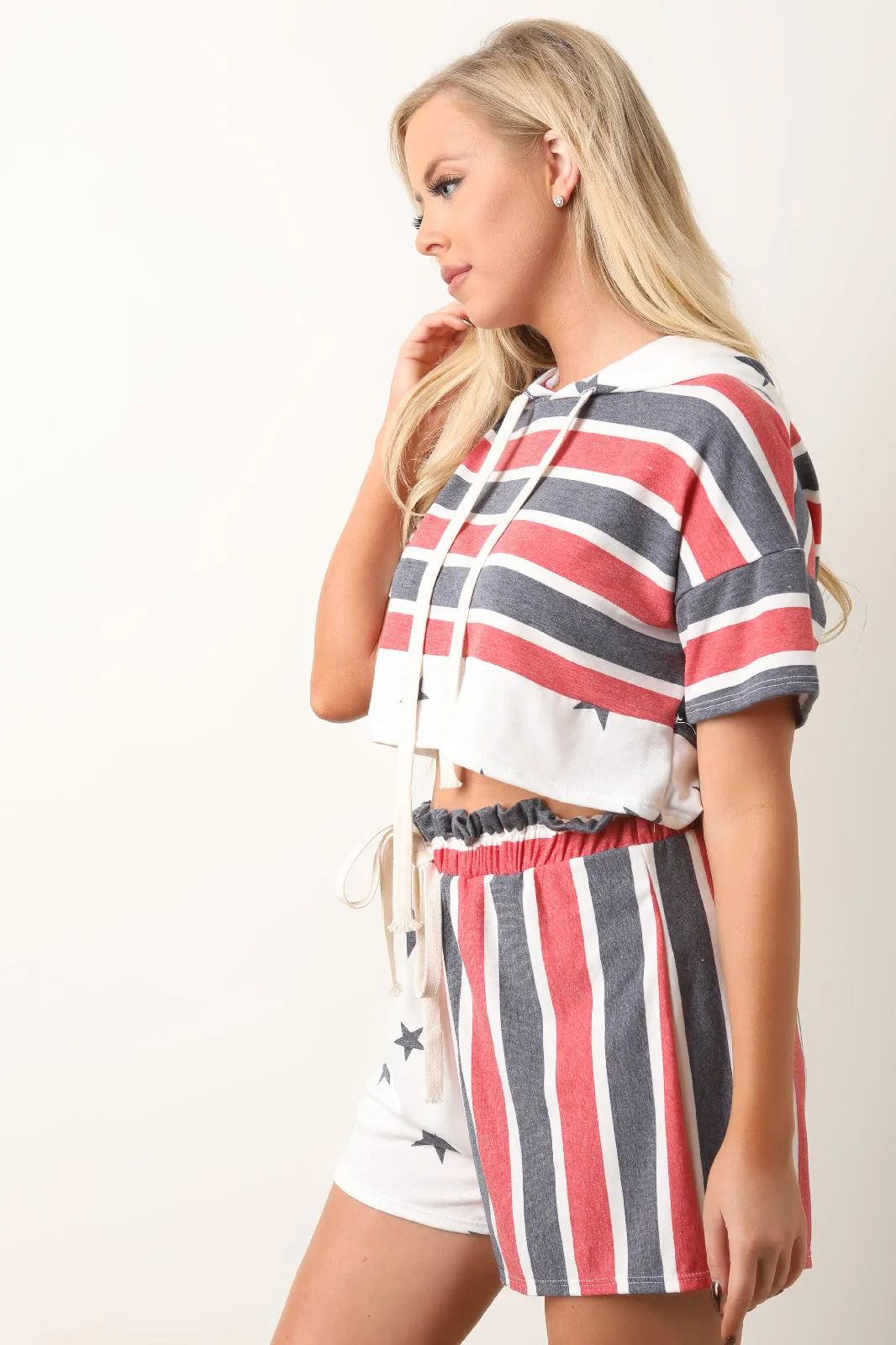 Patriot Hoodie Crop Top With Shorts Set