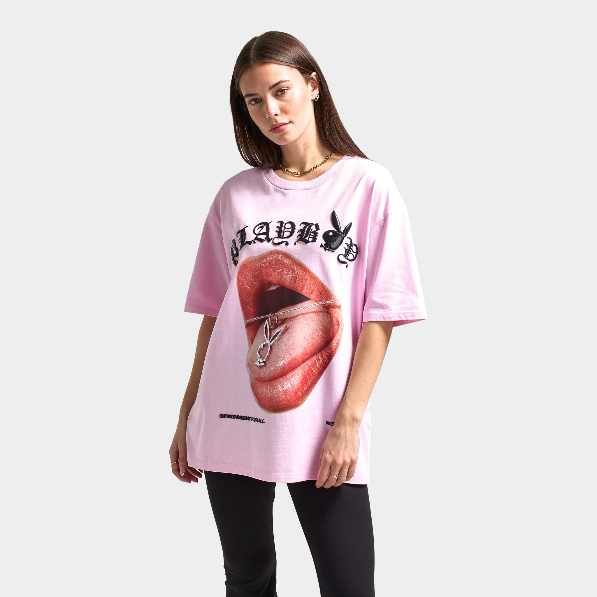 Playboy Women's Bunny Necklace Oversized Graphic T-shirt / Pink