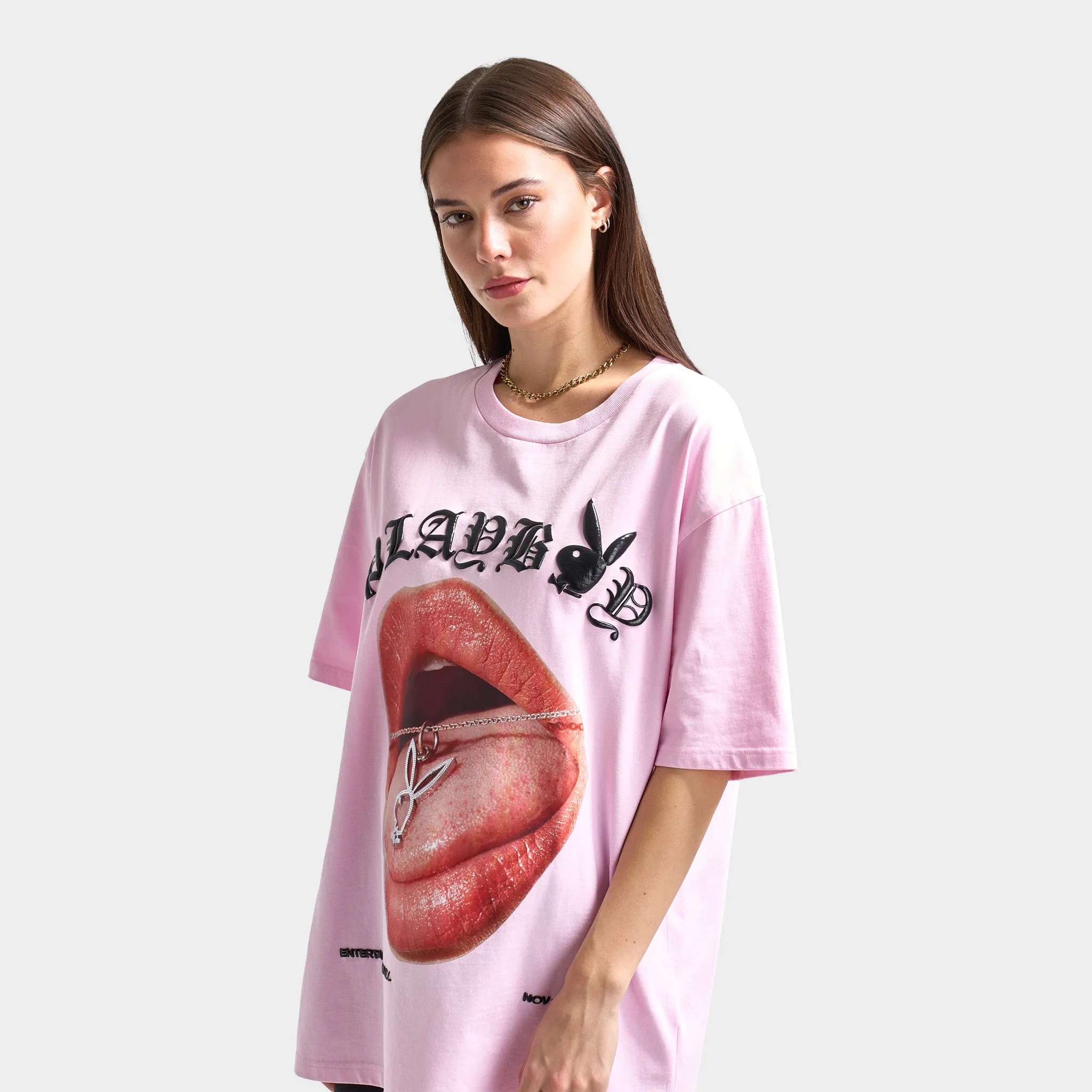 Playboy Women's Bunny Necklace Oversized Graphic T-shirt / Pink