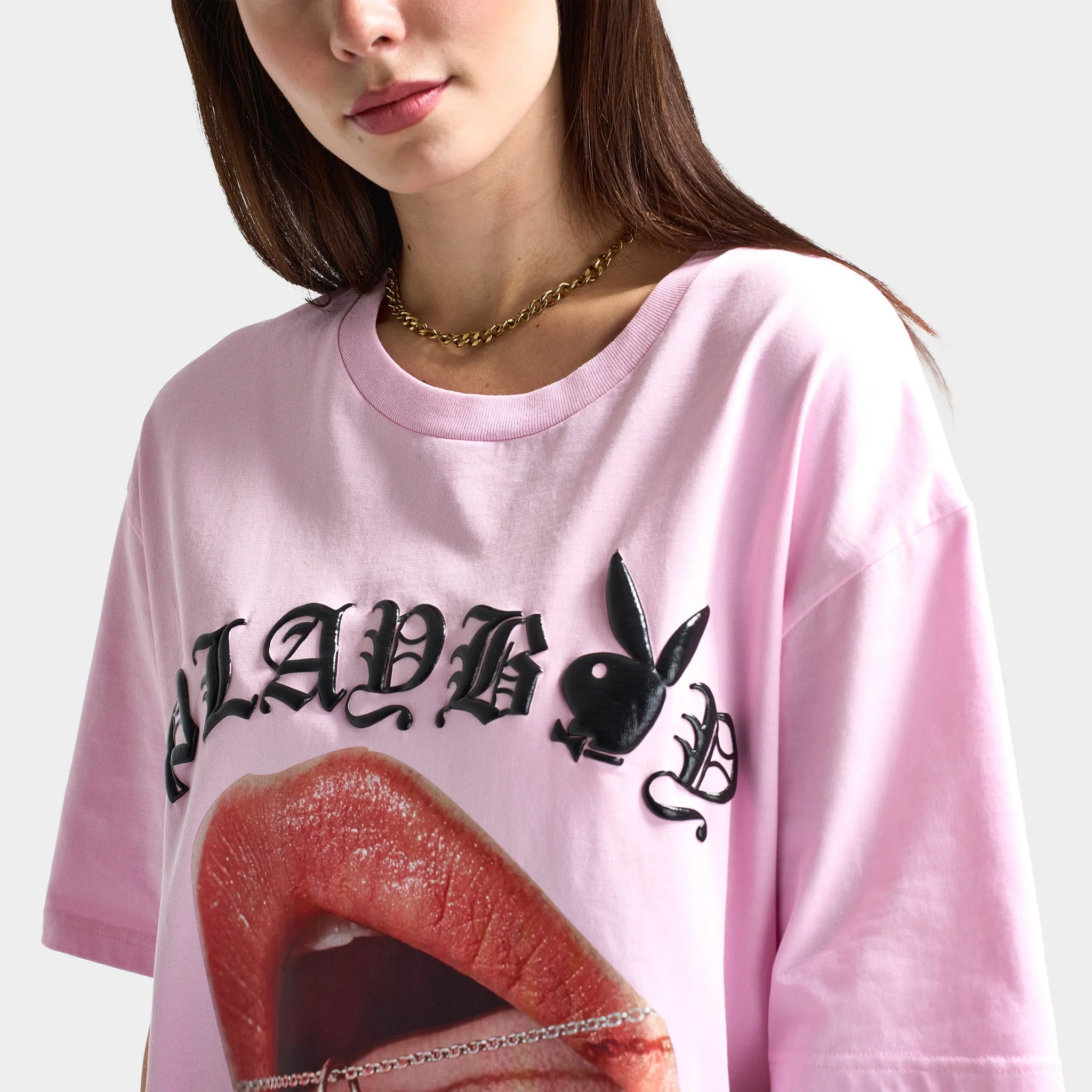 Playboy Women's Bunny Necklace Oversized Graphic T-shirt / Pink