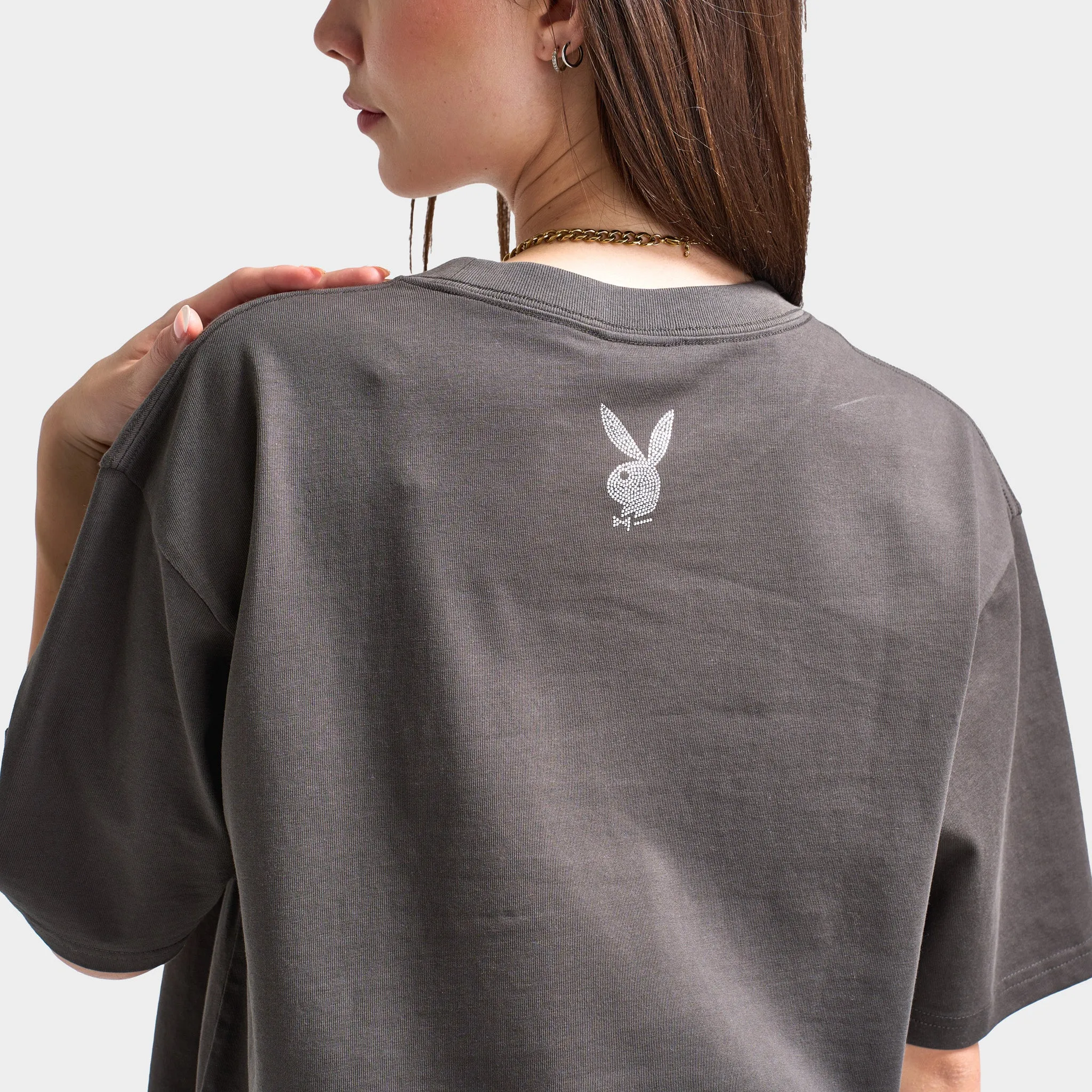 Playboy Women's Diamonte Covers Oversized Graphic T-Shirt / Washed Black