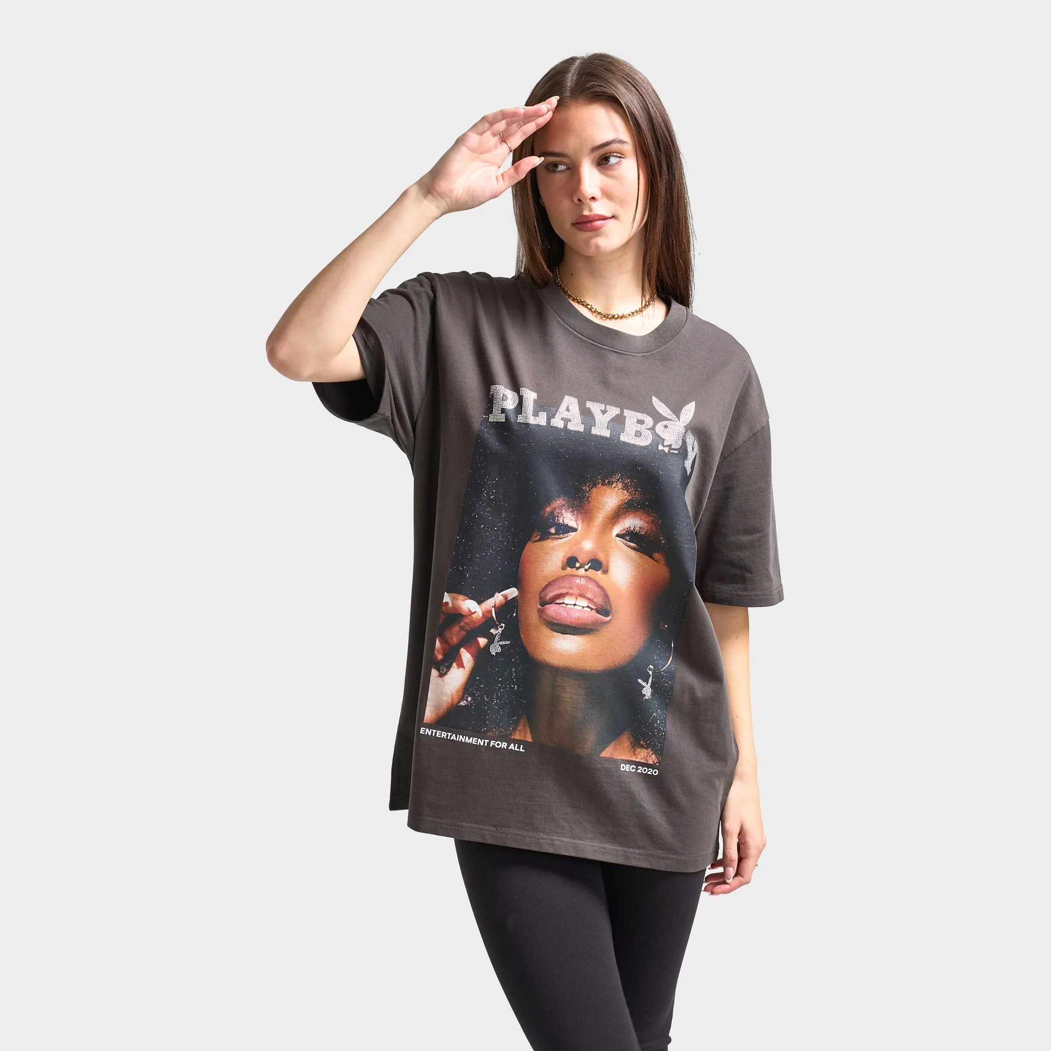 Playboy Women's Diamonte Covers Oversized Graphic T-Shirt / Washed Black