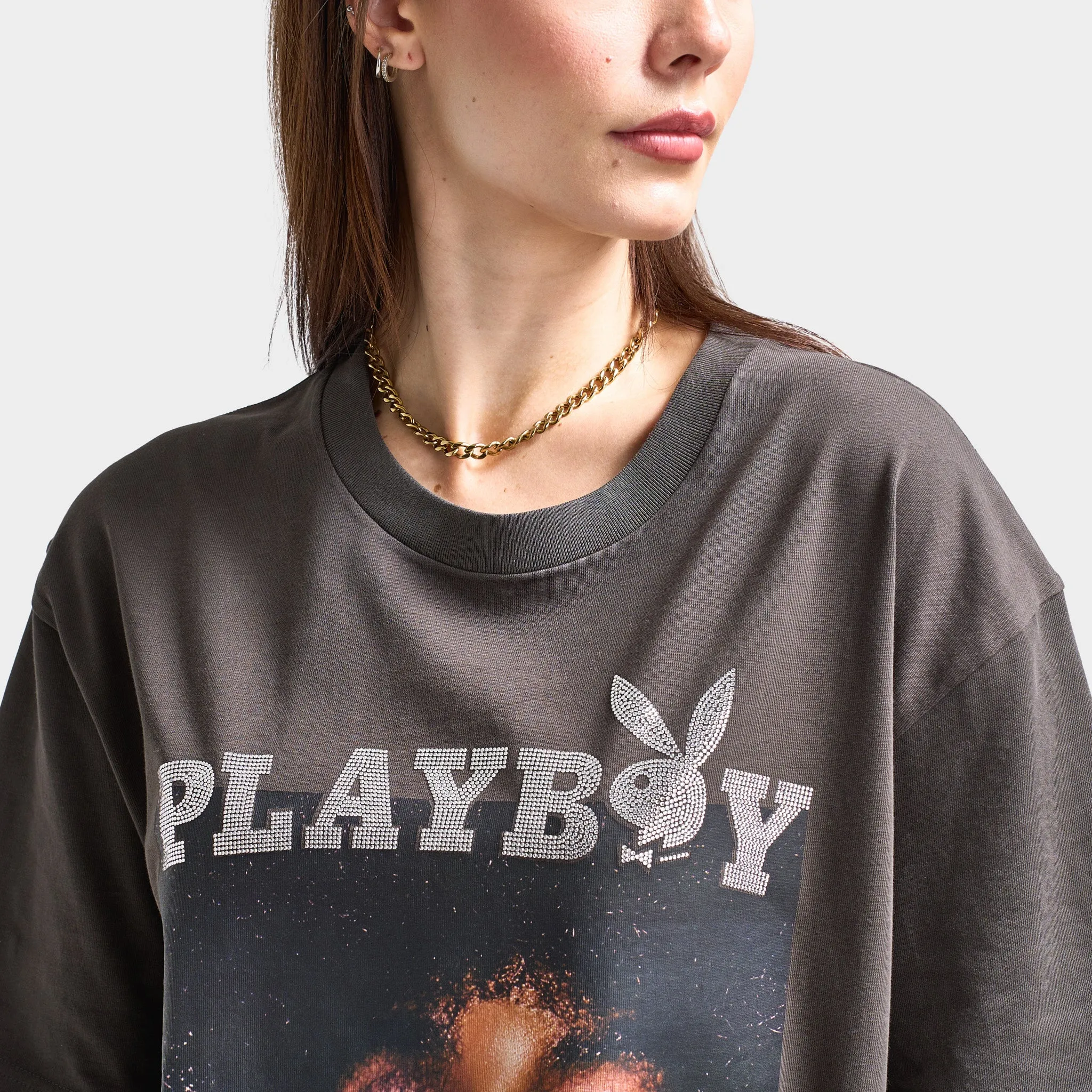 Playboy Women's Diamonte Covers Oversized Graphic T-Shirt / Washed Black
