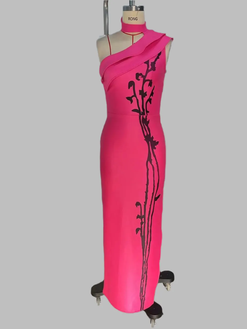 Printed Hanging Slant Neck Sleeveless Ruffle Maxi Bandage Dress