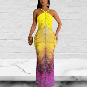 Rainbow Sleeveless Rhinestone Embellished Maxi Dress