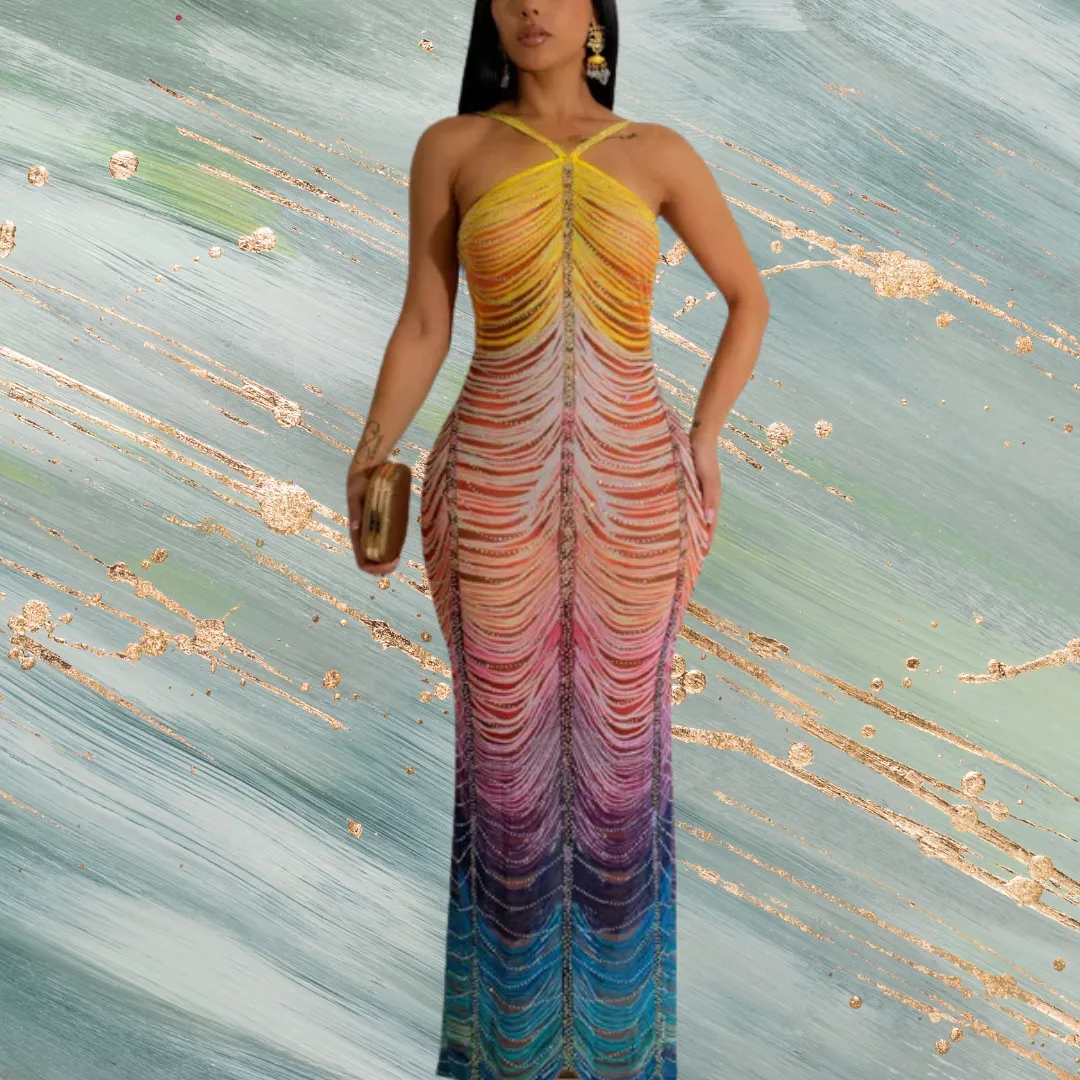 Rainbow Sleeveless Rhinestone Embellished Maxi Dress