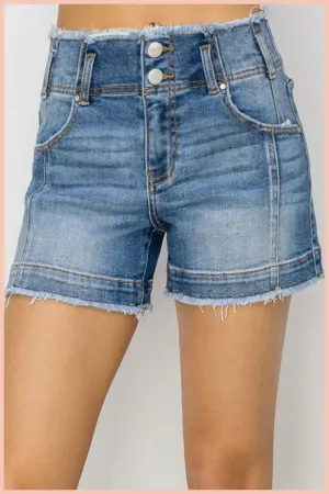 RISEN High Rise Raw Edge Denim Shorts