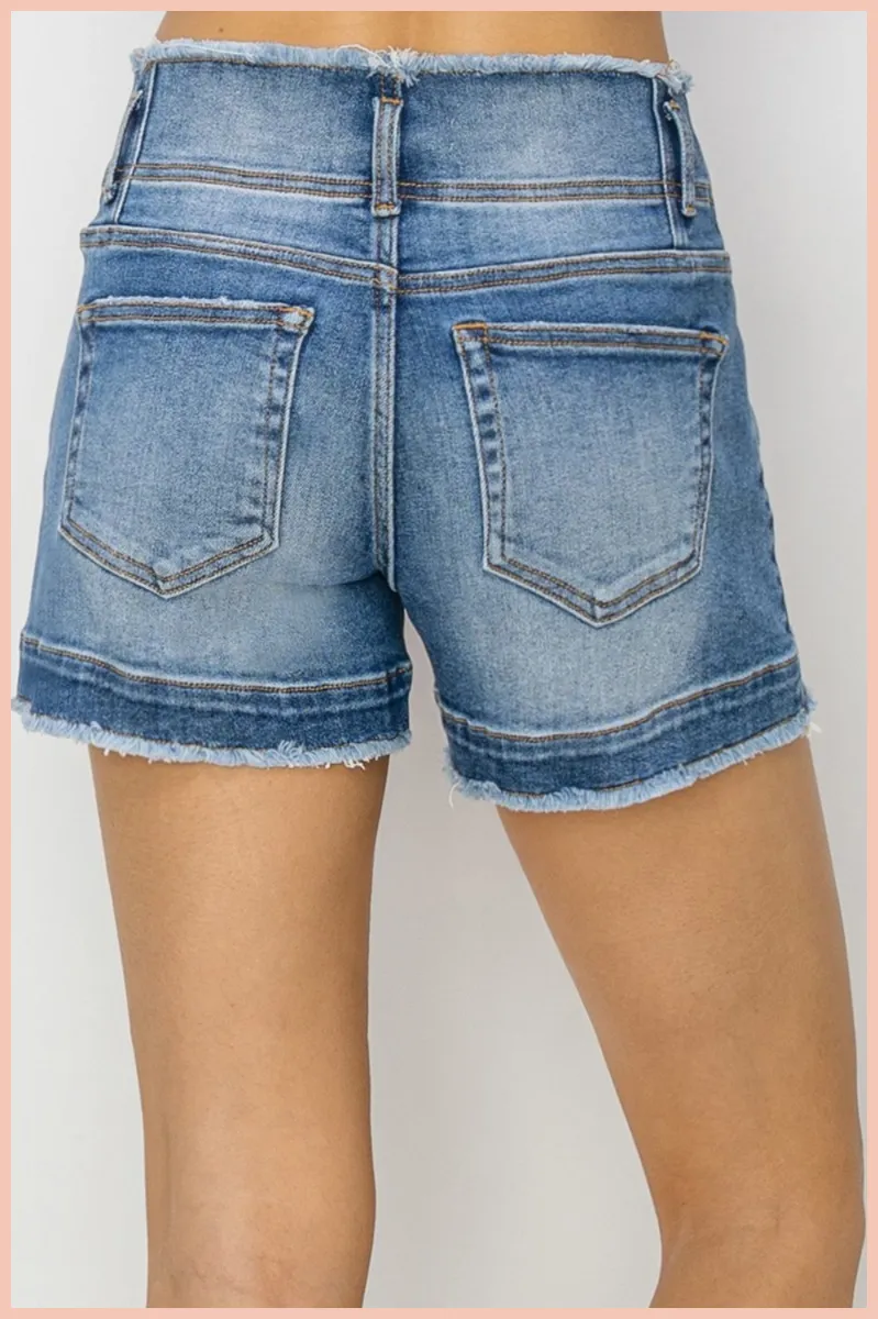 RISEN High Rise Raw Edge Denim Shorts