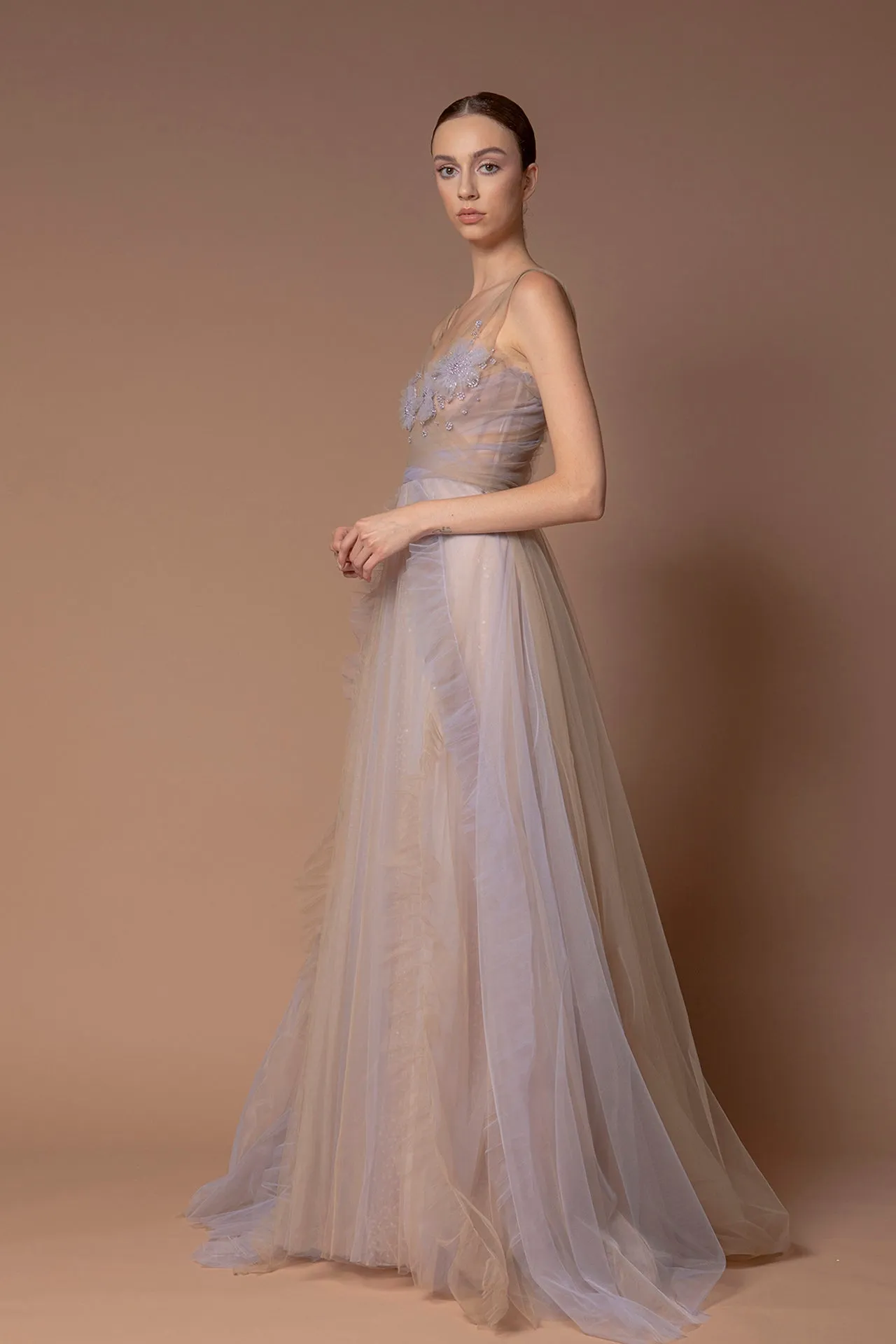 Sleeveless A-line Tulle Dress with Floral Detailing