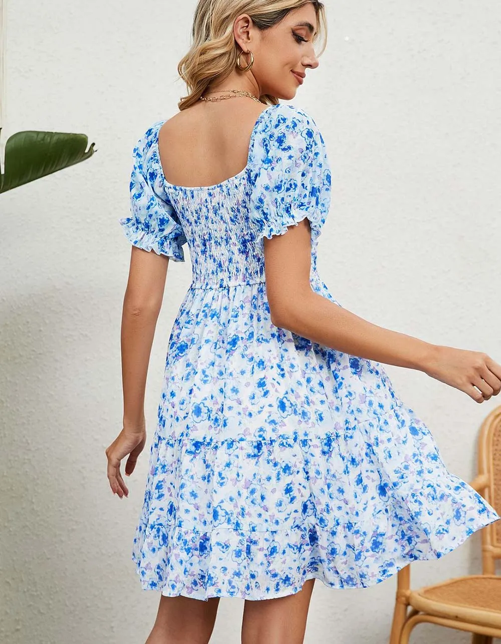 Square Neck Floral Print Chiffon Short Sleeve Loose Dresses