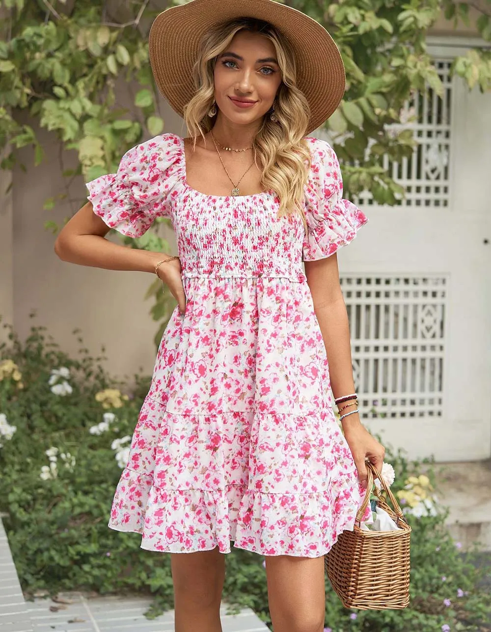 Square Neck Floral Print Chiffon Short Sleeve Loose Dresses