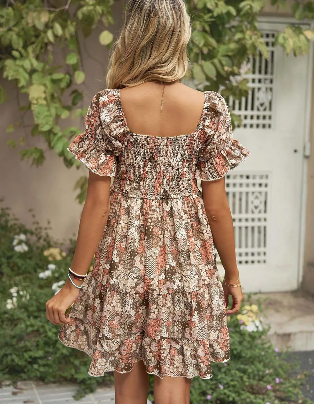 Square Neck Floral Print Chiffon Short Sleeve Loose Dresses