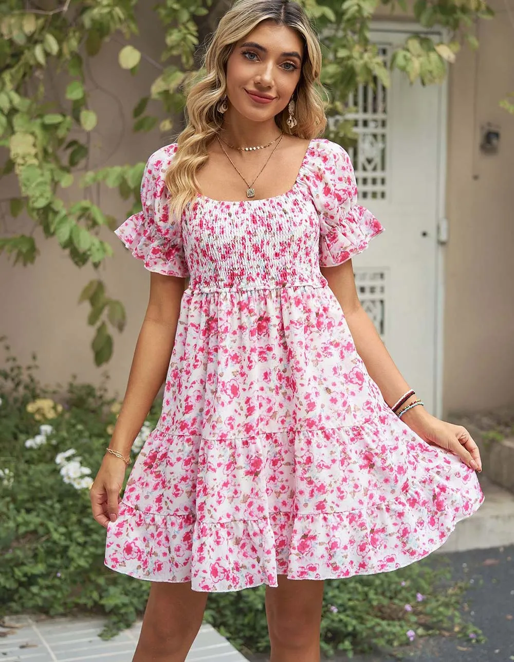Square Neck Floral Print Chiffon Short Sleeve Loose Dresses
