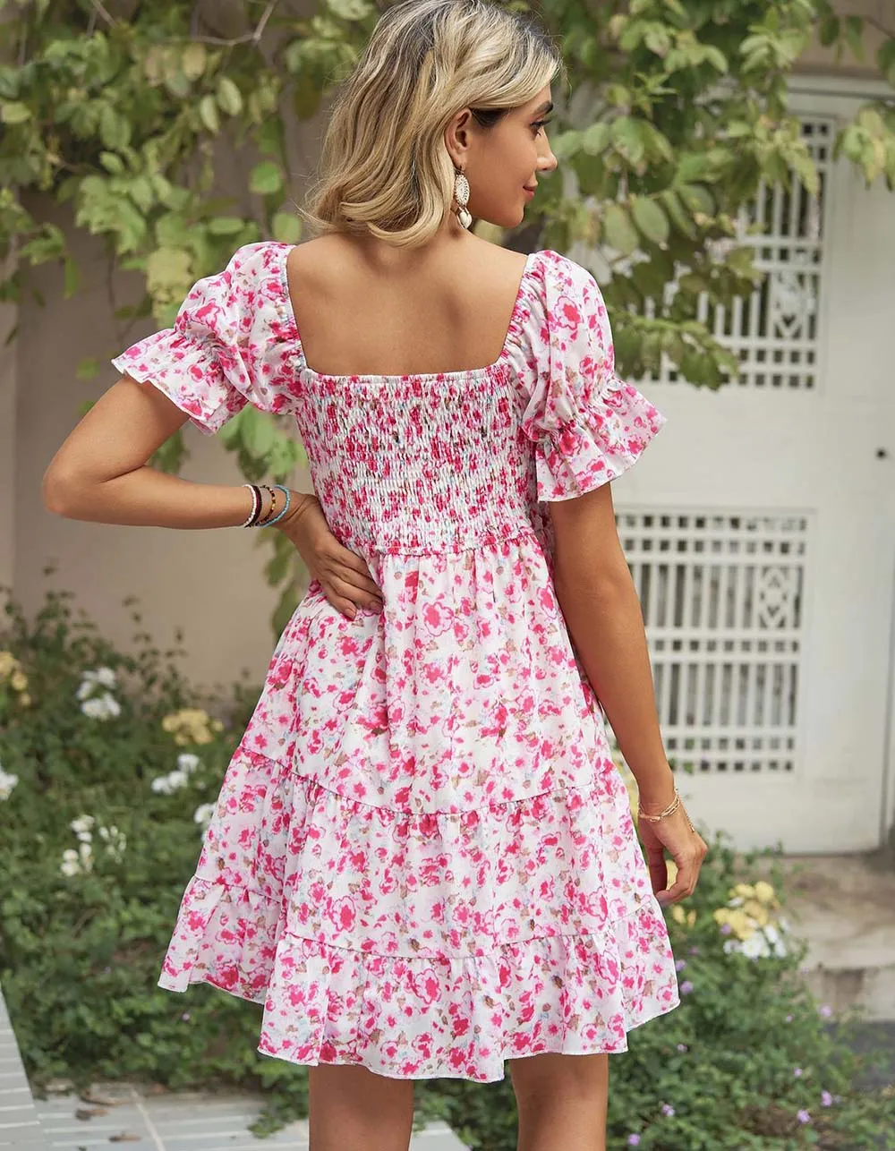 Square Neck Floral Print Chiffon Short Sleeve Loose Dresses