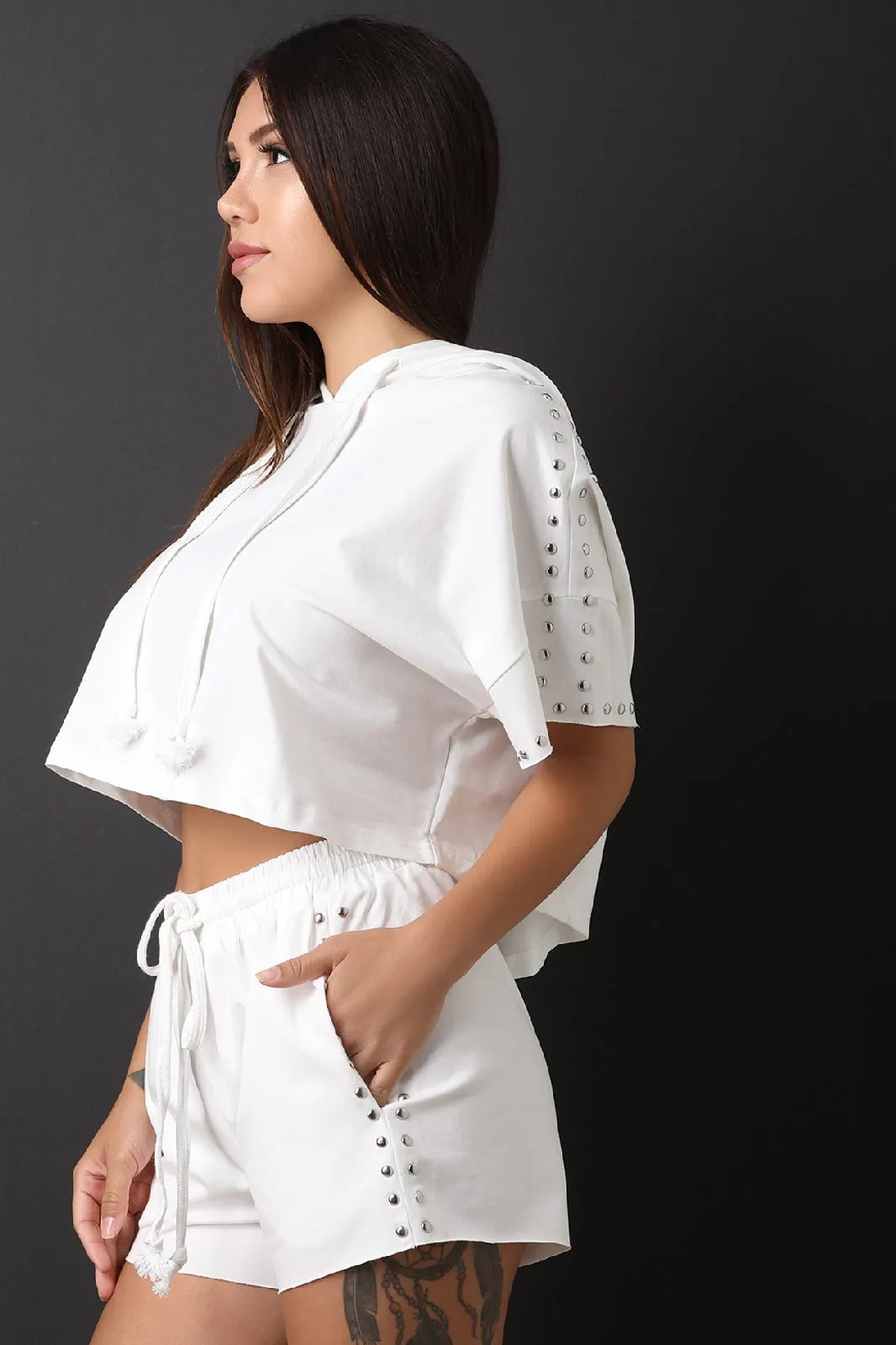 Studded Crop Top With Shorts Two Piece Matching Set