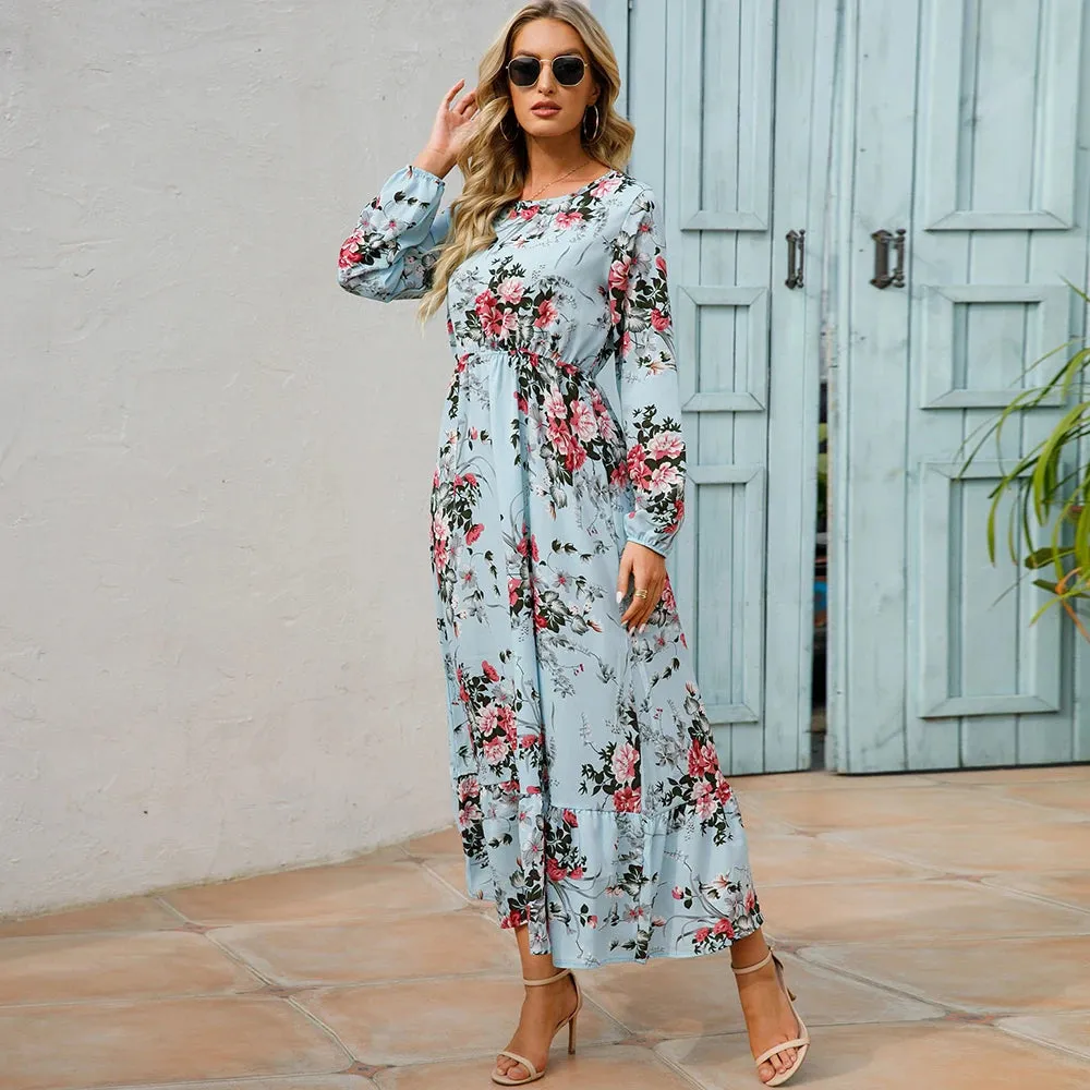 Summer Bohemian Maxi Dress Long Sleeve High Waist Floral Chiffon