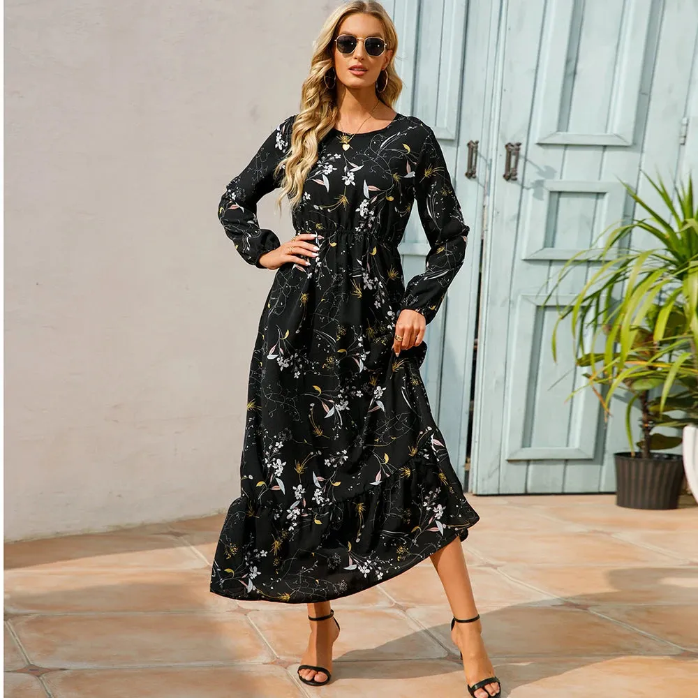 Summer Bohemian Maxi Dress Long Sleeve High Waist Floral Chiffon