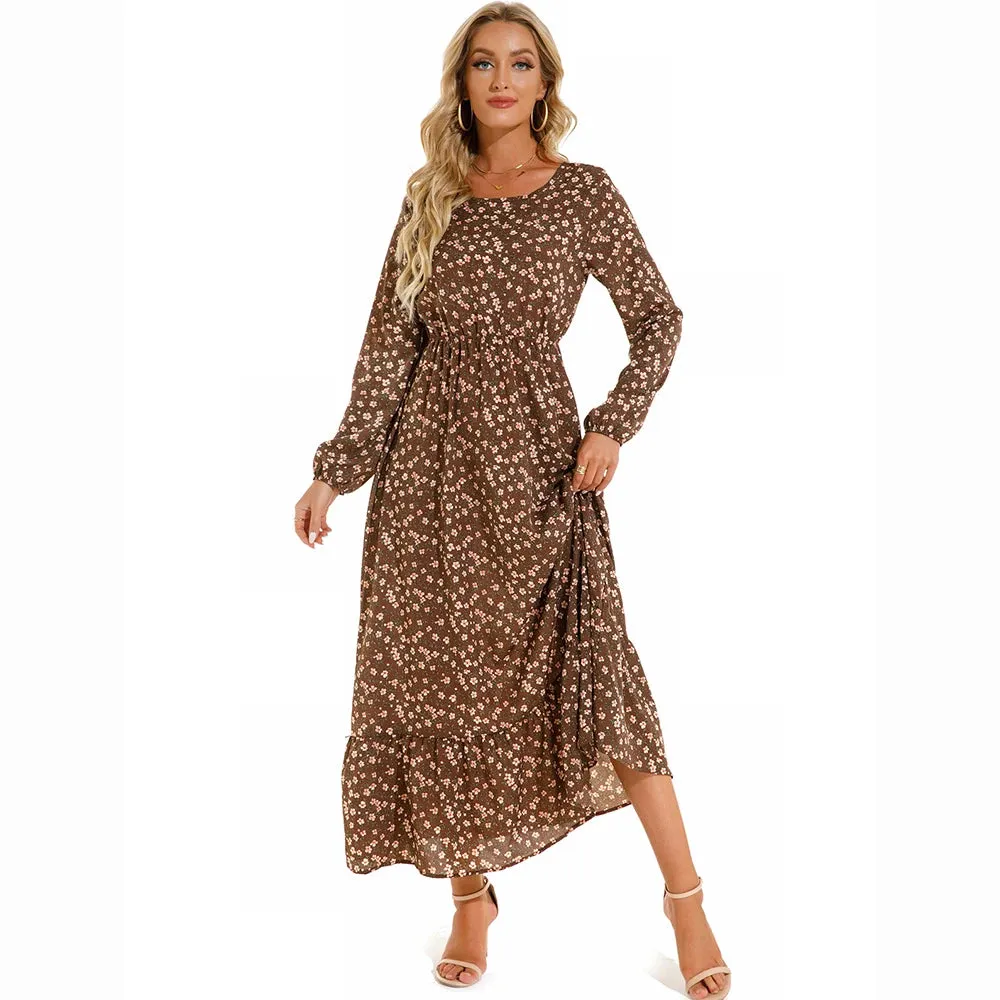Summer Bohemian Maxi Dress Long Sleeve High Waist Floral Chiffon