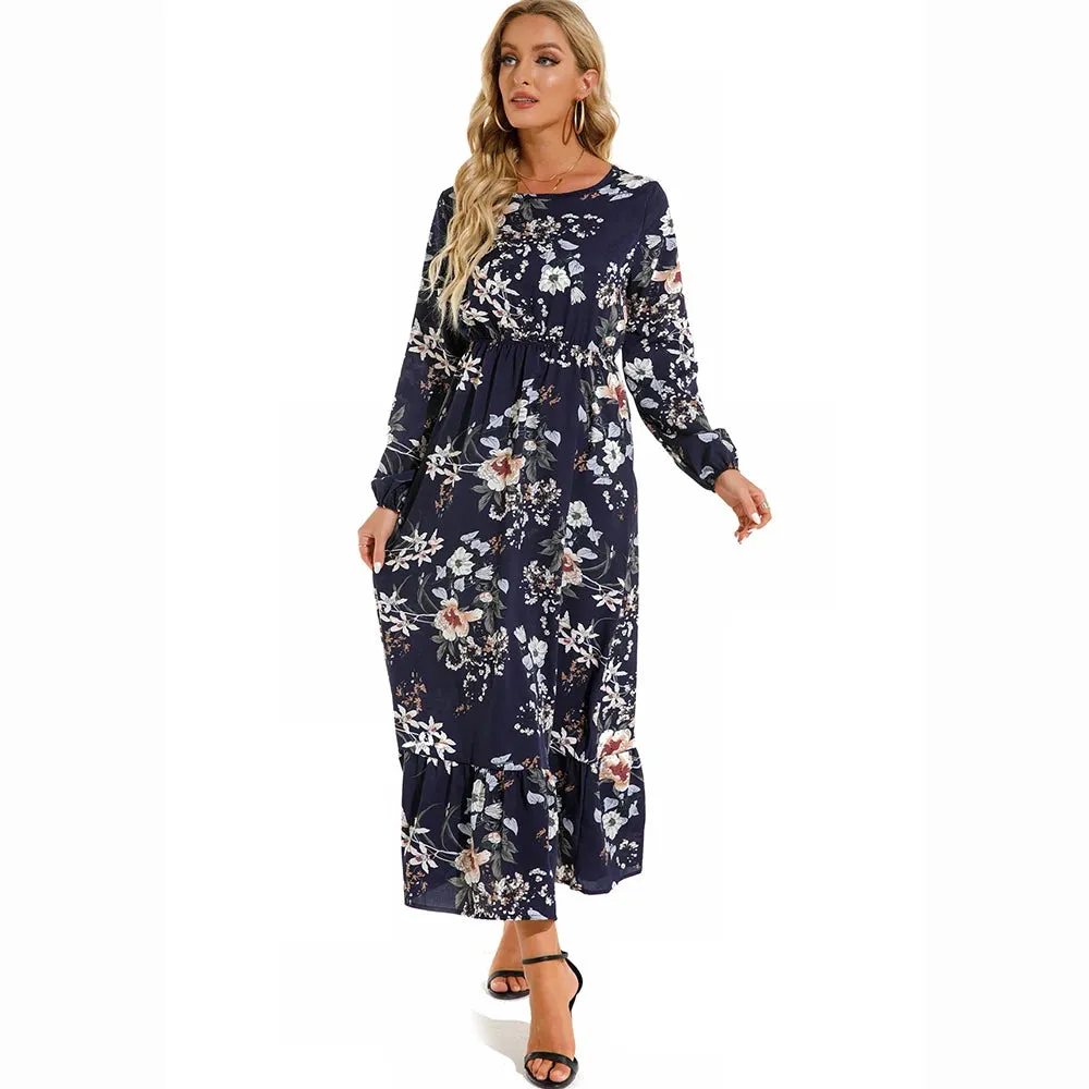 Summer Bohemian Maxi Dress Long Sleeve High Waist Floral Chiffon