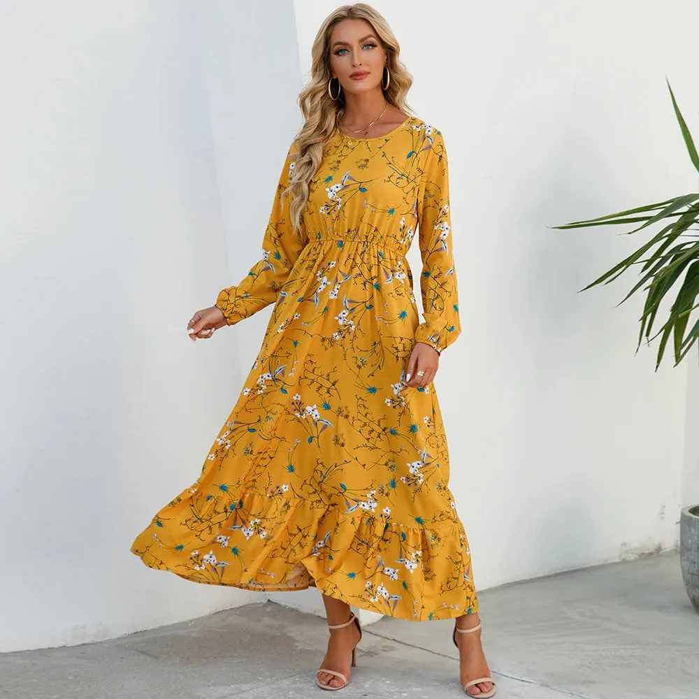 Summer Bohemian Maxi Dress Long Sleeve High Waist Floral Chiffon