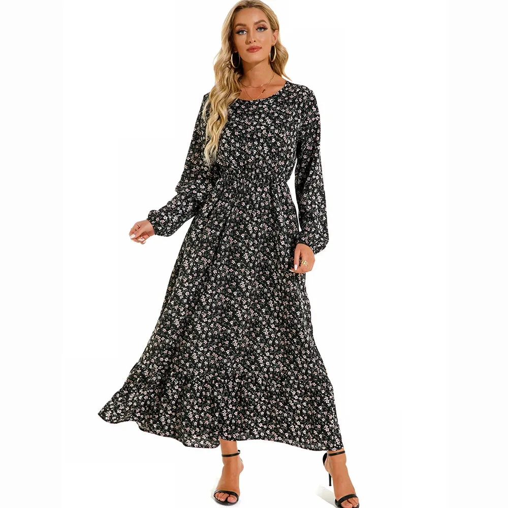 Summer Bohemian Maxi Dress Long Sleeve High Waist Floral Chiffon