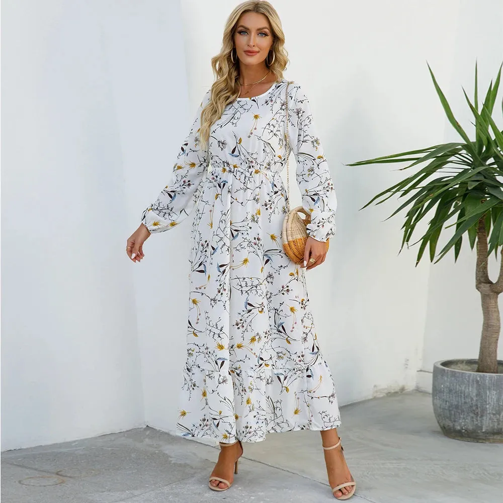 Summer Bohemian Maxi Dress Long Sleeve High Waist Floral Chiffon