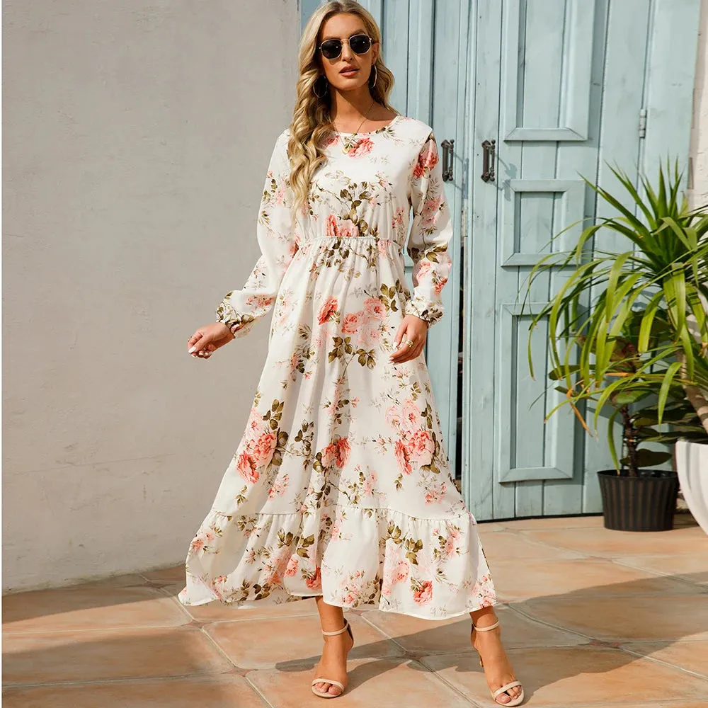 Summer Bohemian Maxi Dress Long Sleeve High Waist Floral Chiffon