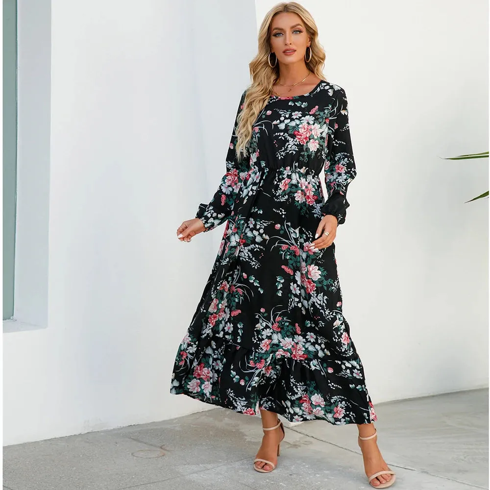 Summer Bohemian Maxi Dress Long Sleeve High Waist Floral Chiffon