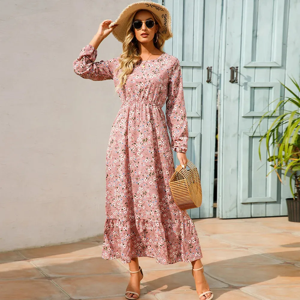 Summer Bohemian Maxi Dress Long Sleeve High Waist Floral Chiffon