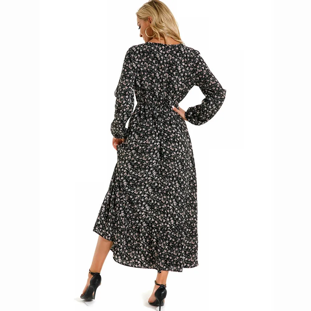 Summer Bohemian Maxi Dress Long Sleeve High Waist Floral Chiffon