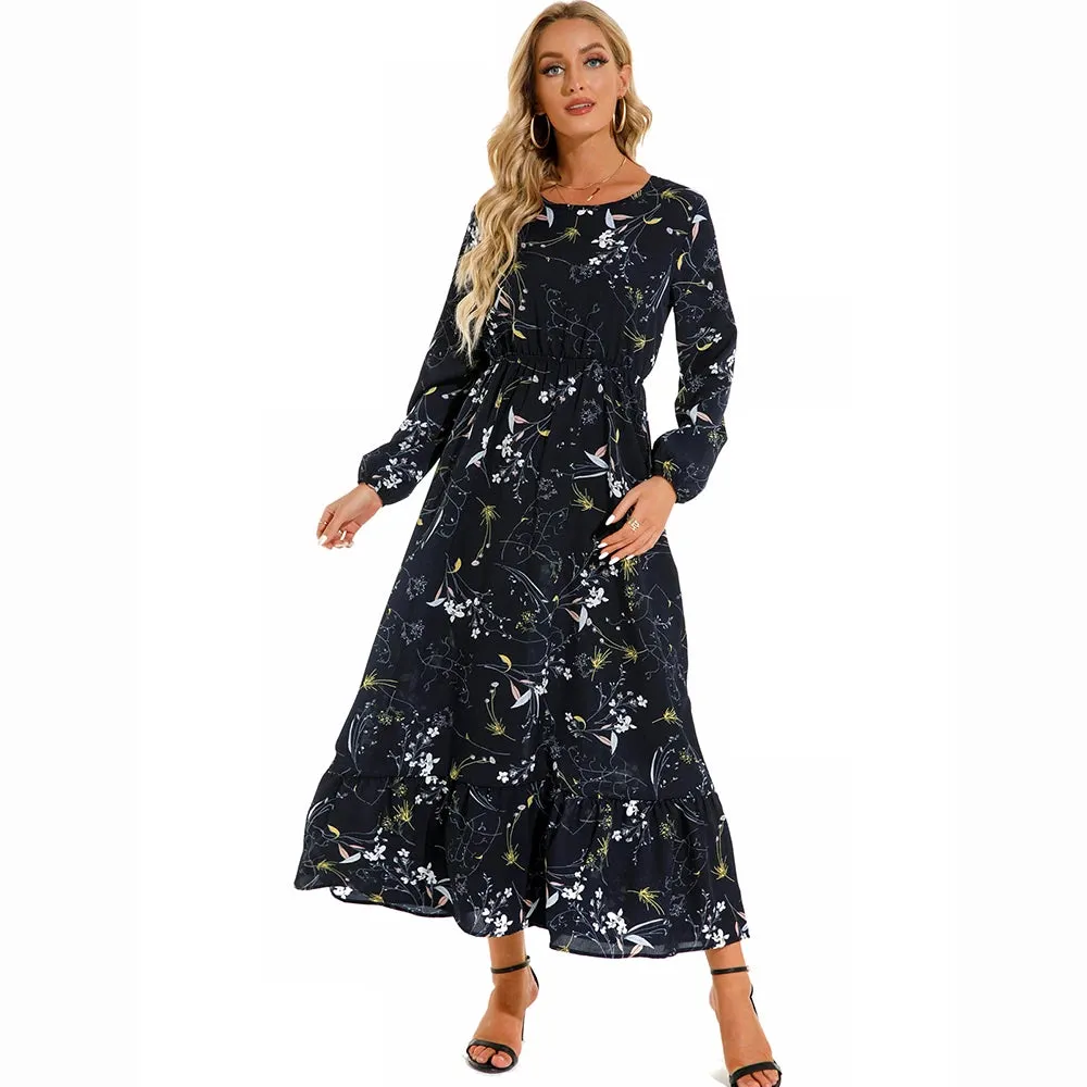 Summer Bohemian Maxi Dress Long Sleeve High Waist Floral Chiffon