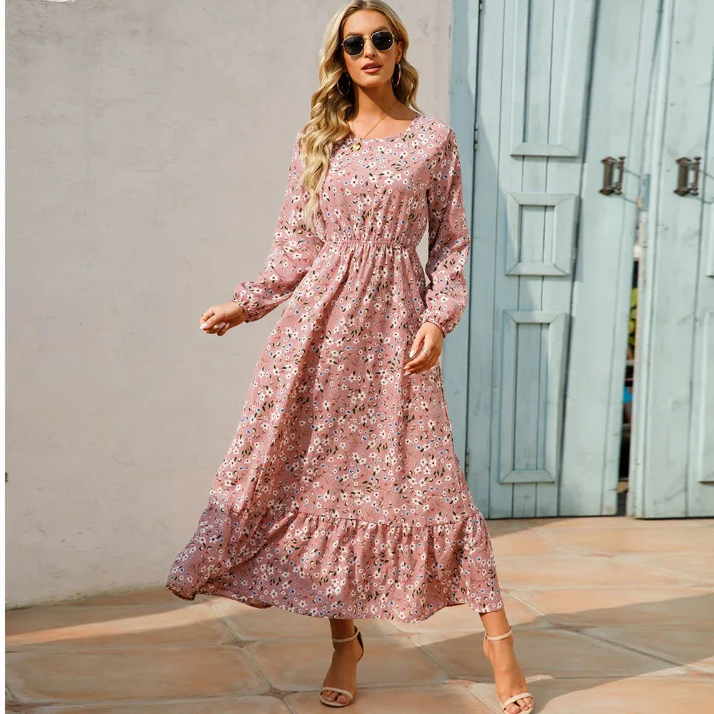 Summer Bohemian Maxi Dress Long Sleeve High Waist Floral Chiffon