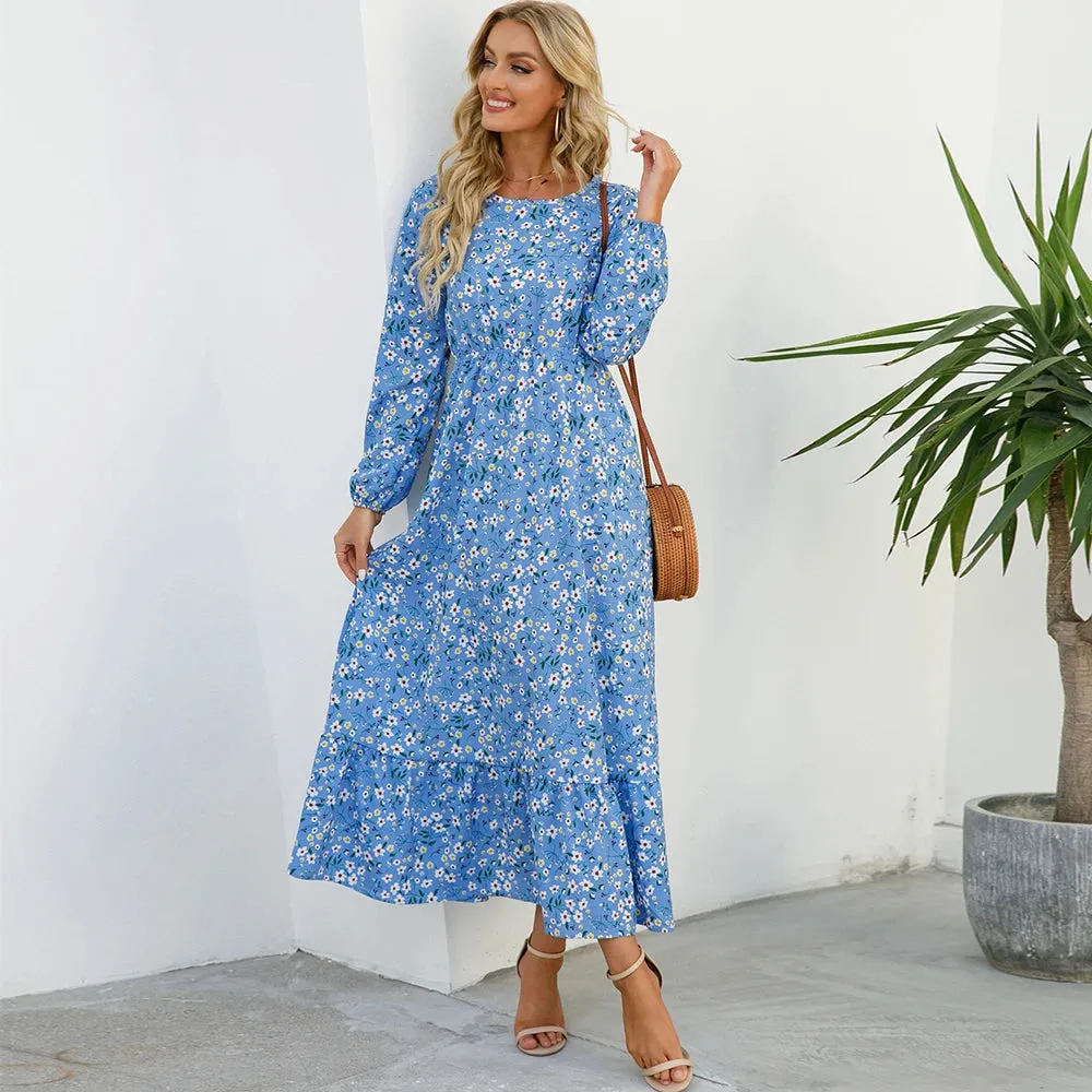 Summer Bohemian Maxi Dress Long Sleeve High Waist Floral Chiffon