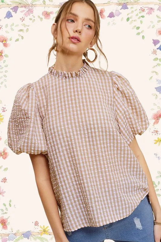 TEEK - Gingham Check Print Puff Sleeve Top