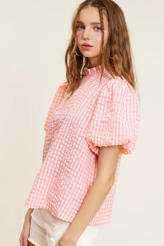 TEEK - Gingham Check Print Puff Sleeve Top