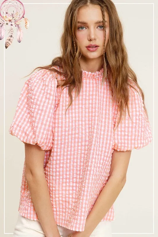 TEEK - Gingham Check Print Puff Sleeve Top