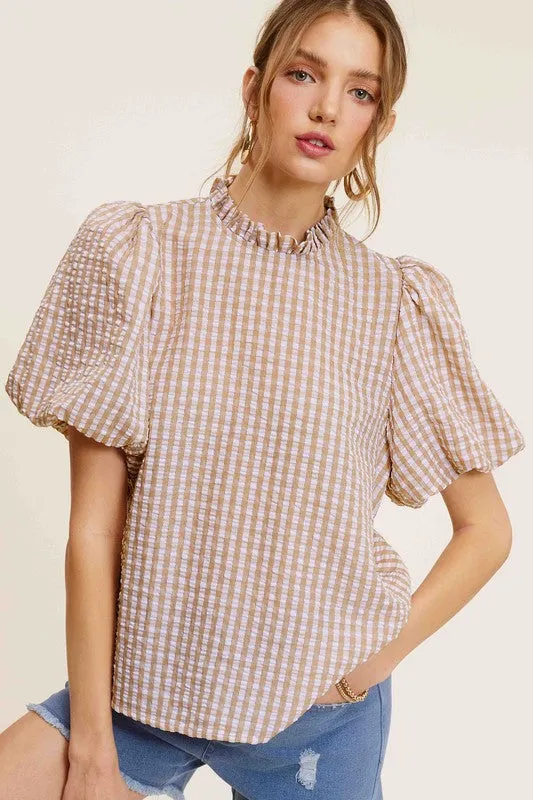 TEEK - Gingham Check Print Puff Sleeve Top
