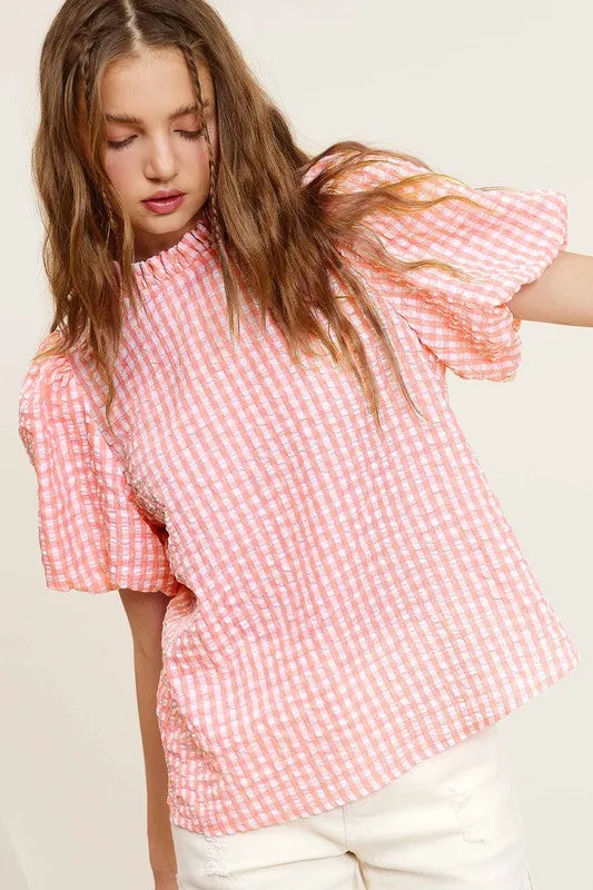 TEEK - Gingham Check Print Puff Sleeve Top